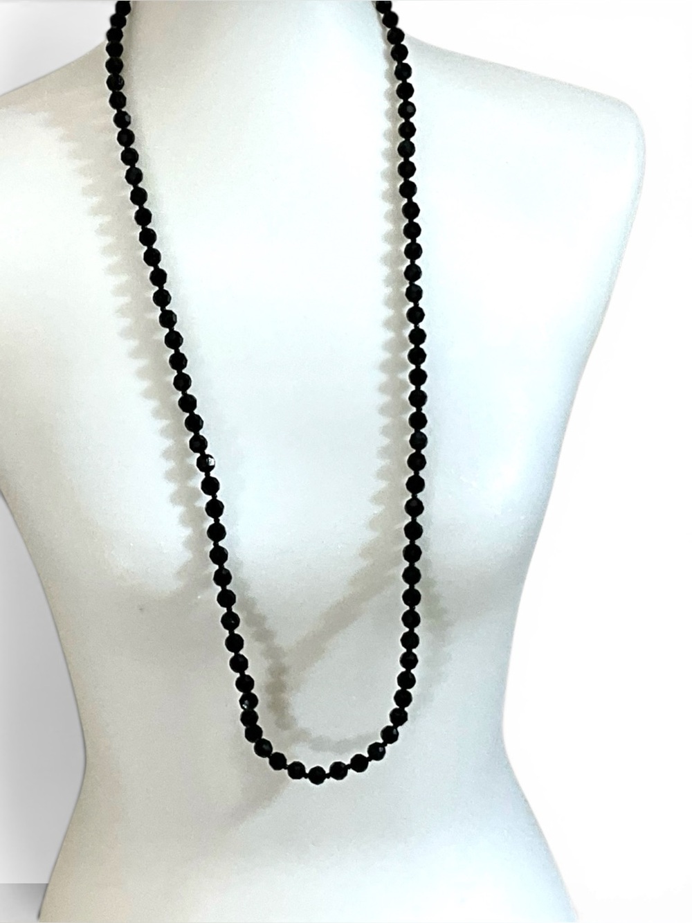 Vintage Japan Black Faceted Bead Long Necklace Goth Minimalist Classic